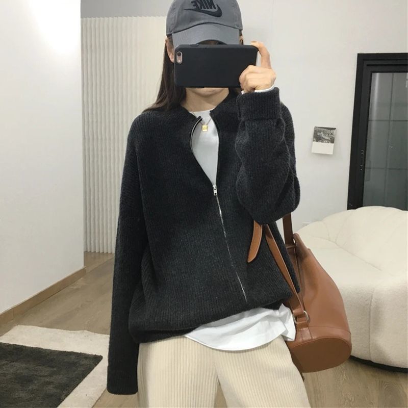 韓国スタイルのジッパー無地セーター多用途ニットカーディガン女性のための春と秋の新しい怠惰なスタイルカジュアルルーズジャケットトレンディ|undefined