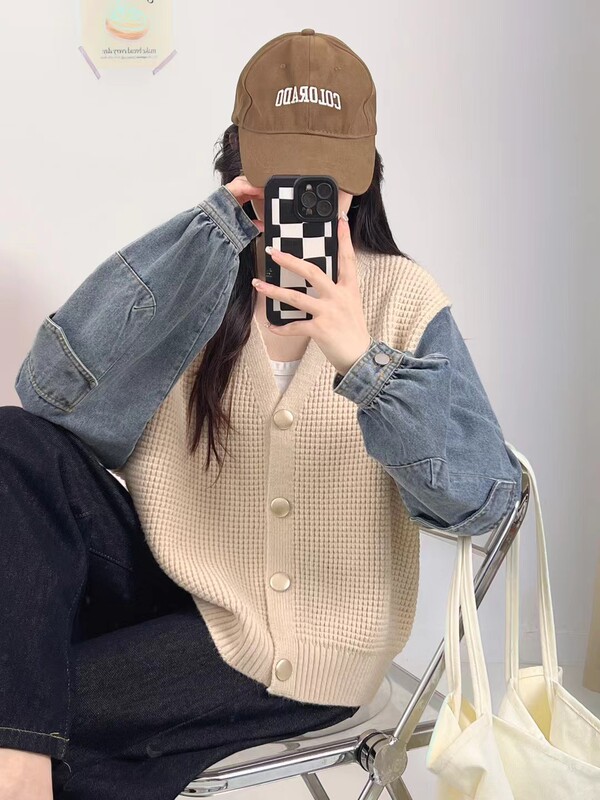 拼接牛仔针织开衫2025秋冬新款韩版宽松休闲百搭V领毛衣外套女潮|undefined