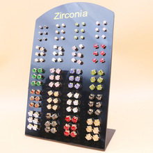 60对卡装大小混尺寸方形金底白色彩色水晶锆石铁针耳钉套装