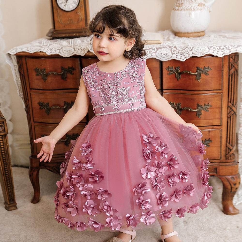 Suministro transfronterizo vestido para niños vestido de novia de niña de flores tridimensionales vestido de princesa mullido de niña vestido de niños