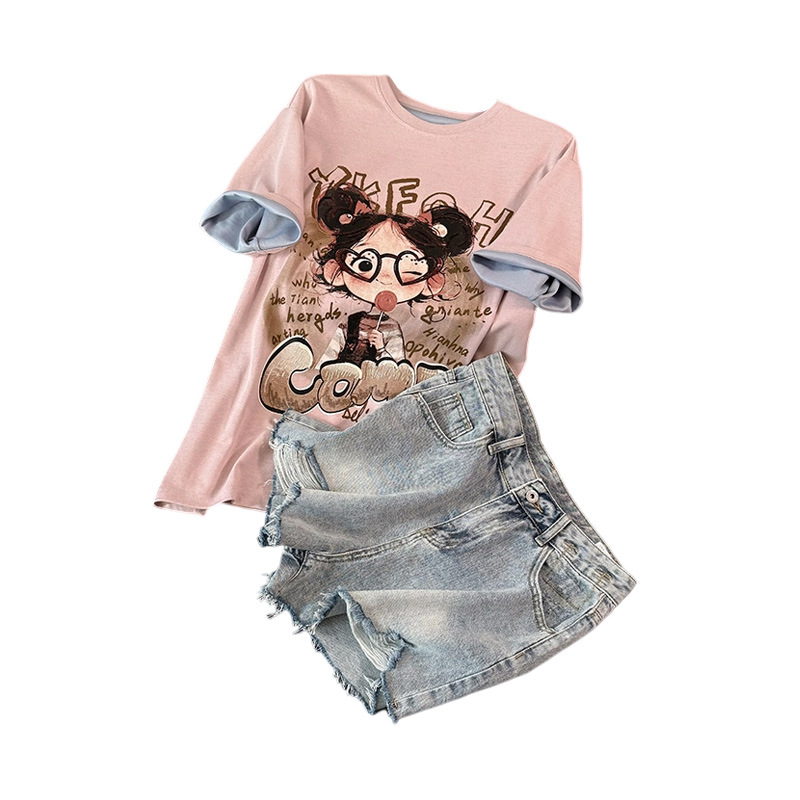Women's Clothing Sweet Fashion Casual Suit For Women Summer New Round Neck Printed Embroidered T Shirt Loose Denim Shorts Two Piece Suit Trendy_ecoleips.com