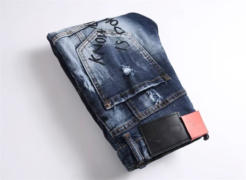 Retro Inspired Ripped & Patched Men's Jeans Stylish Embroidery Tapered Sole mid Waist Cotton Long Black/Gray/Blue Non-Stretch_mkmklike.com