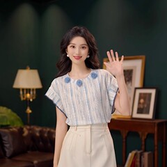 立体フラワーステッチコントラストカラー半袖シャツレディース2025年夏ラウンドネックプルオーバーカジュアル万能グラデーショントップ