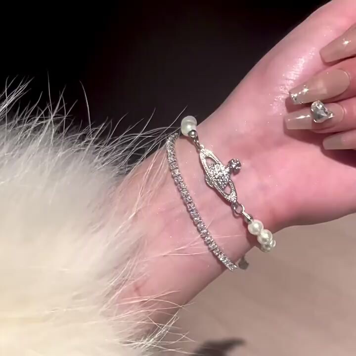 High-End Glass Pearl Bracelet ~ Sparkling Diamond Planet Bracelet, Retro Niche Design, Accessible Luxury, Full of Diamonds, Double-Layered Wear