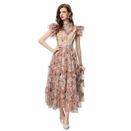 跨境外贸2026春夏季新款女装立领短袖重工绣珠片收腰木耳边连衣裙