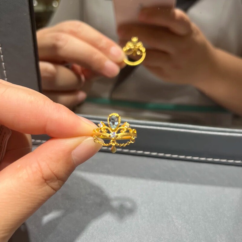 ブルーアテナシーブルークラウンリング女性のレトロゴールデン宮殿スタイル絶妙なハイエンドニッチデザインリング|undefined