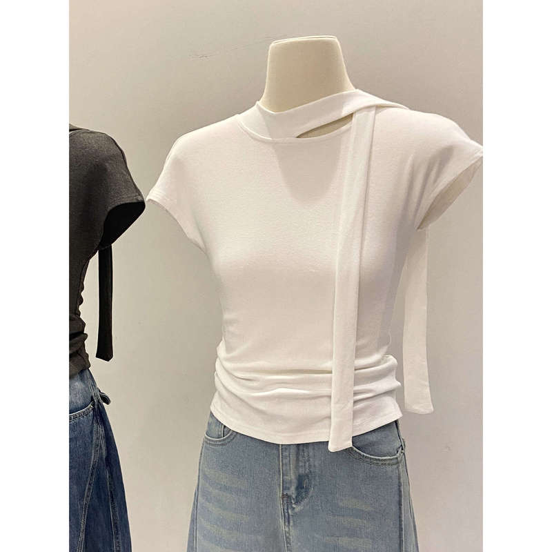 Halter Neck Ribbon Embellished Slim Fit Short-Sleeve T-Shirt for Women, Summer Mature Style with Hollow-Out Round Neck and Small Flutter Sleeves Design Halter Neck Ribbon Embellished Slim Fit Short-Sleeve T-Shirt for Women, Summer Mature Style with Hollow-Out Round Neck and Small Flutter Sleeves Design