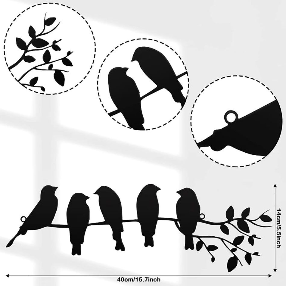 独立站金属鸟创意艺术五只鸟树枝墙上装饰品树叶雕塑鸟剪影小鸟