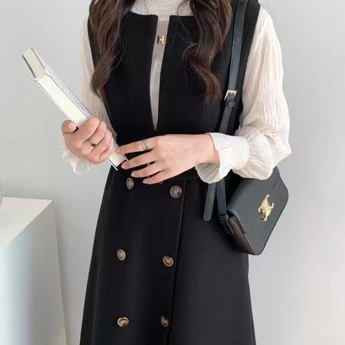 Japón y Corea del Sur 2023 otoño e invierno nuevo estilo cintura con cordones chaleco sin mangas cruzado vestido largo de lana