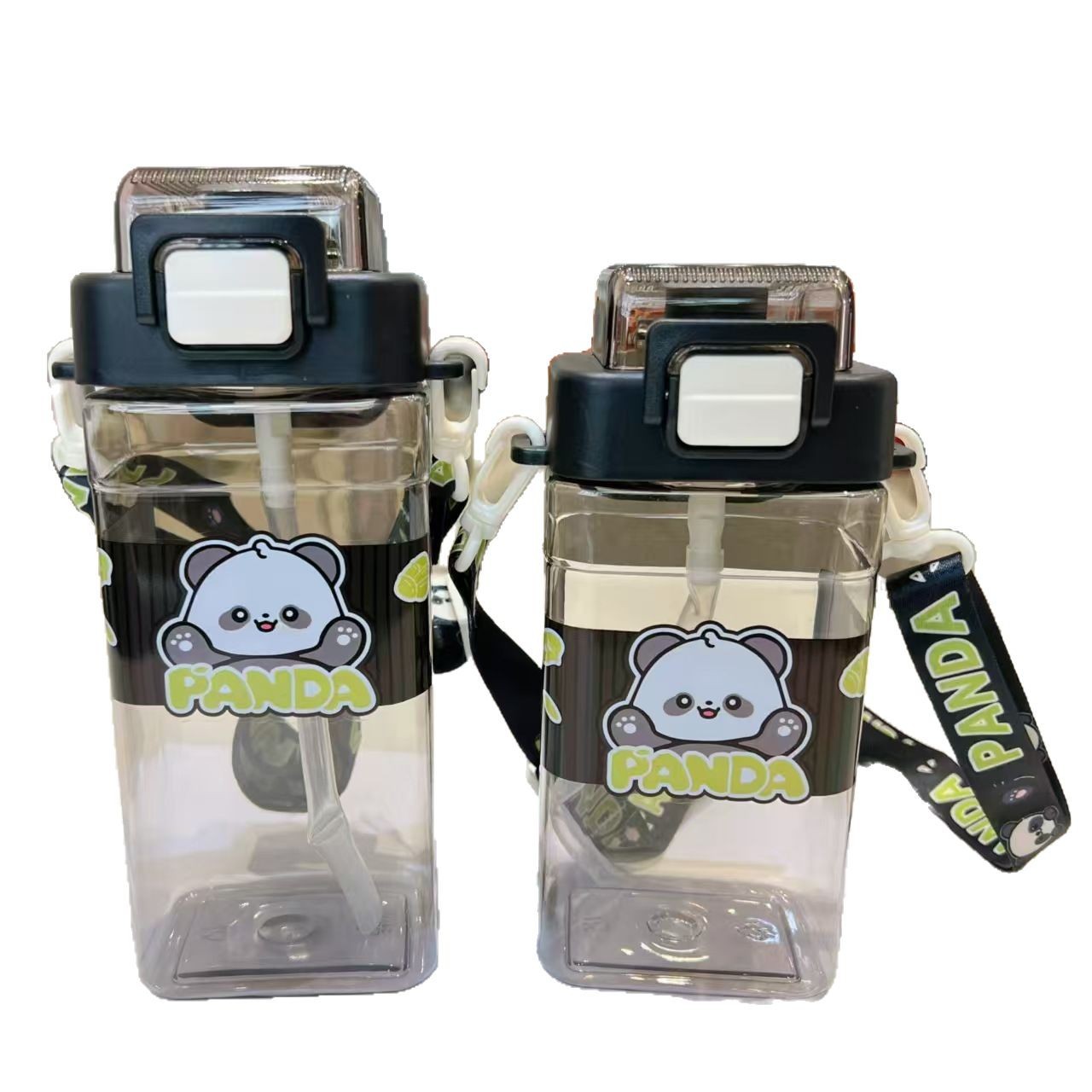 Yitongxin Panda simple taza de plástico de doble bebida taza cuadrada portátil de dibujos animados para niños botella de agua taza de paja de tapa de bloqueo