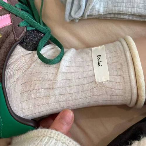 Women's Summer Vertical Striped Solid Color Mid-Calf Socks, Cute and Versatile, Rolled Edge with Fabric Label, Odor-Preventing, Thin and Breathable, Birkenstock Socks