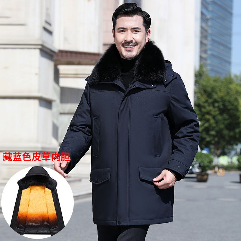 品牌高档冬季中老年爸爸男装羽绒服鹅绒黄金貂内胆保暖中长款外套