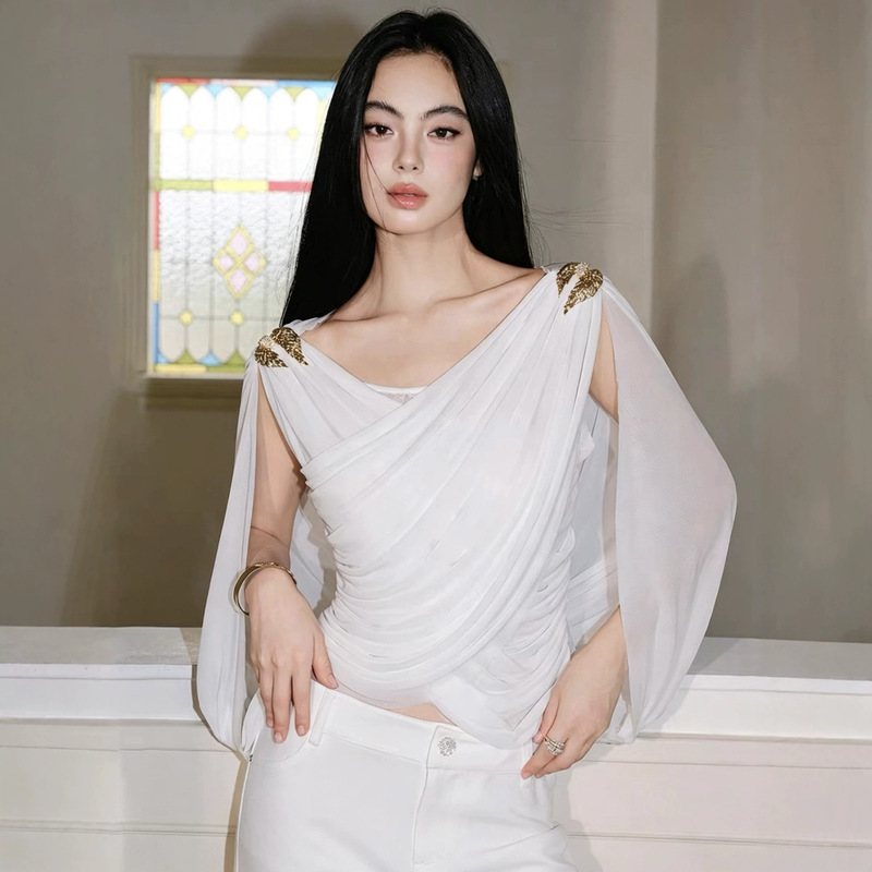 J Thechosen "White Wings" White Greek-Style Draped Pleated Cross-Over Metal Vest Top J Thechosen "White Wings" White Greek-Style Draped Pleated Cross-Over Metal Vest Top