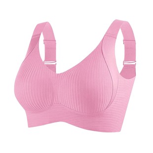 Cross-Border Foreign Trade English Label Striped Underwear for Women, Thin Cup, Large Bust, Seamless, Lifting, Plus Size, Pink Ribbed Bra