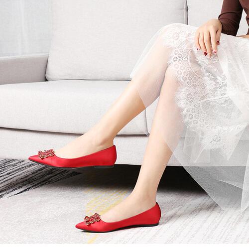 Size 41 4332 Women's Shoes Pointed Toe 42 Fashion Small Single Shoes 3331 Xiuhe Rhinestone Flat Wedding Shoes Red Size Large