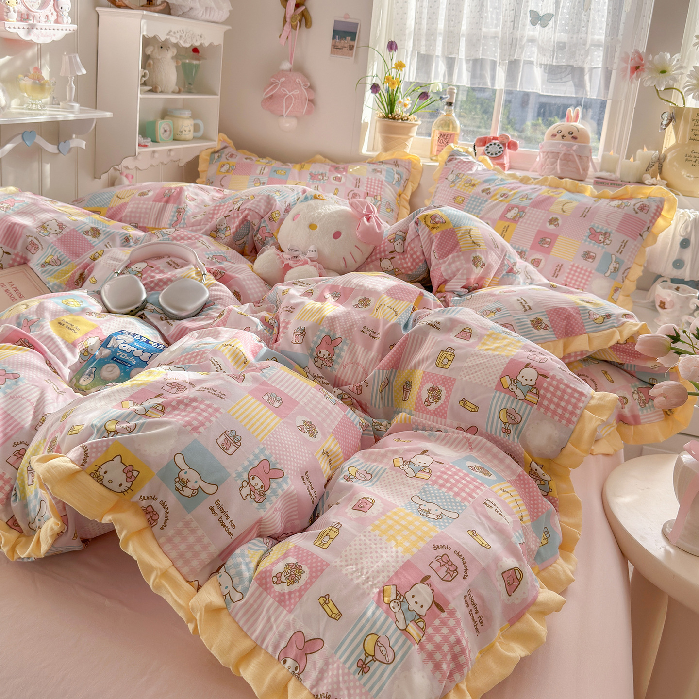 Sanrio Thickened Washed Double-Layer Gauze Lace Four-Piece Set Soft and Waxy Student Dormitory Bunk Bed Three-Piece Set Wholesale