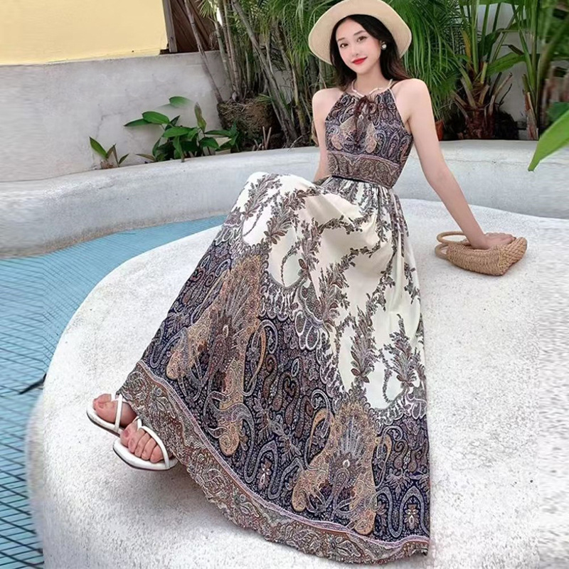 Beach Dress Cotton Silk Printed Suspender Dress Hawaiian Style Island Yunnan Travel Vacation Dress Artificial Cotton Fresh Style