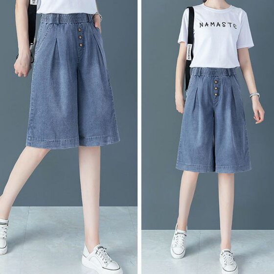 High Waist Wide-leg Pants Denim Women's 2024 Summer New chubby girl Loose plus size Six-point Thin Straight Cropped Pants
