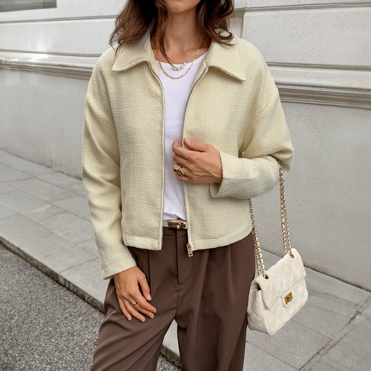 Women's Casual Long Sleeve Jacket – Lightweight Wrinkle-Free Coat With Stand Collar & Zip Front (S-XL, Beige)_ecoleips.com