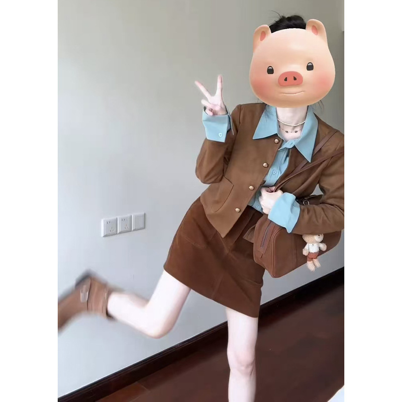 韩里韩气穿搭套装女2025早秋季气质短款外套内搭衬衫半身裙三件套|undefined