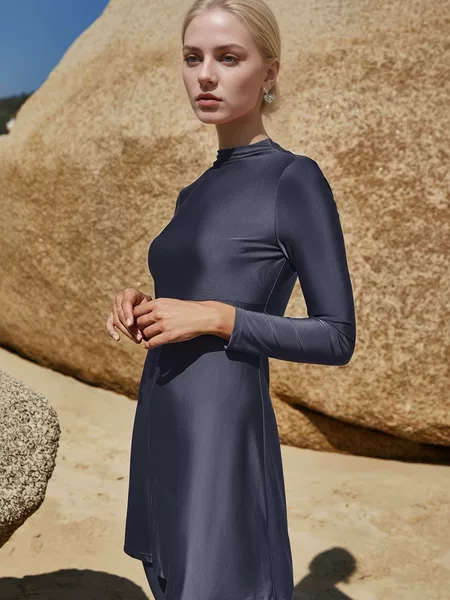 2025 Arabian New Style Unique Split Swimsuit Solid Color Conservative Tummy-Covering Long-Sleeve Long Pants Hot Spring Beach Swimsuit