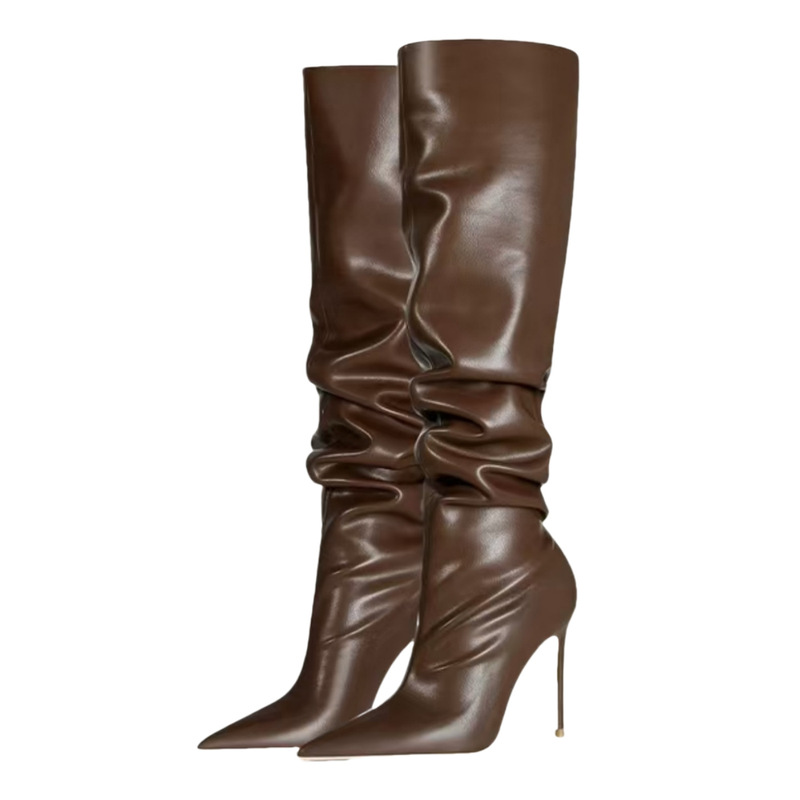 European and American Style Pleated Ruched Boots with Pointed Toe and Thin High Heels, Size 47, Runway Knee-High Fashion Women's High Boots