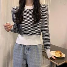 2025春新款法式别致收腰小衫女洋气内搭棋盘格短款上衣打底衫