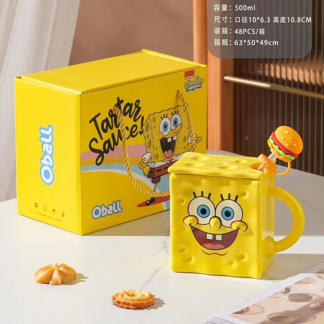 Personalidad creativa esponja bebé productos genuinos autorizado de dibujos animados taza de agua de cerámica regalo taza de paja con tapa
