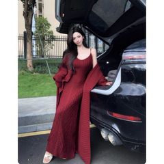 秋冬感长款针织吊带连衣裙两件套温柔慵懒风毛衣开衫松弛感厚