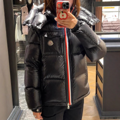 蒙家25冬季双拉链彩虹条拼接亮面百搭白鸭绒羽绒服外套九江羽绒服