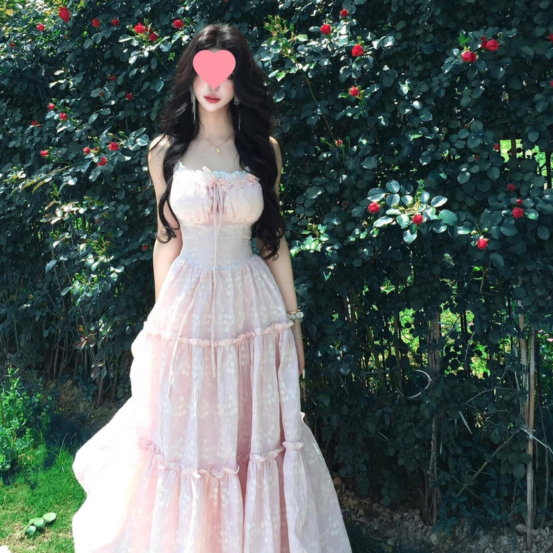French-Style Pink Spaghetti Strap Dress for Women, Summer Pure and Sweet Waist-Cinching Birthday Princess Cake Long Dress for Seaside Vacation