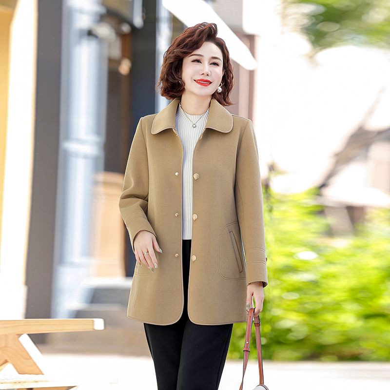 妈妈春装新款双面呢风衣外套中长款中年女装春秋洋气翻领毛呢上衣
