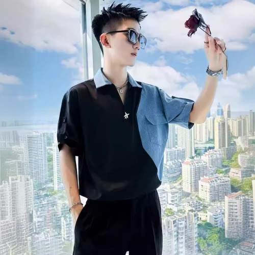 Summer 2024 New Men's Shirt Design Sense Minority Light Luxury Splicing Inches Shirt Trend Brand Top Thin Blouse