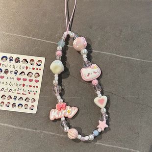 Cartoon Girl Powder Beaded KITTY Cat Sanrio Hand-painted Cute Mobile Phone Hanging Chain ccd Anti-lost camera rope Hanging Chain