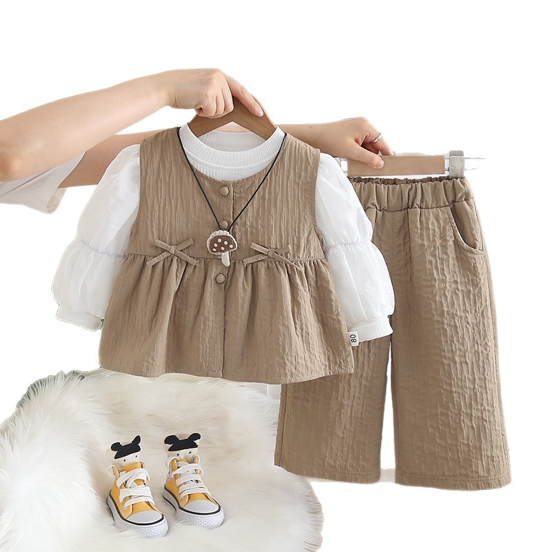 Vestiti per bambine primavera 2025 e nuovi, elegante completo autunnale per neonati, set di tre pezzi con gilet a forma di fungo_voghion.com