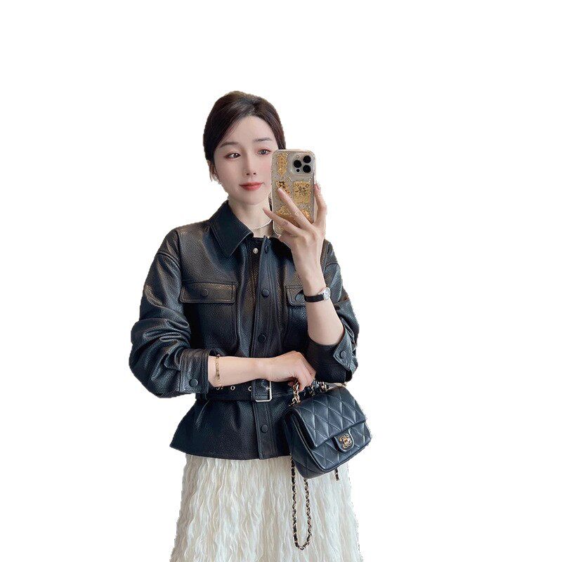 Áo khoác da nữ dáng ôm thắt eo cổ bẻ tay dài — đen