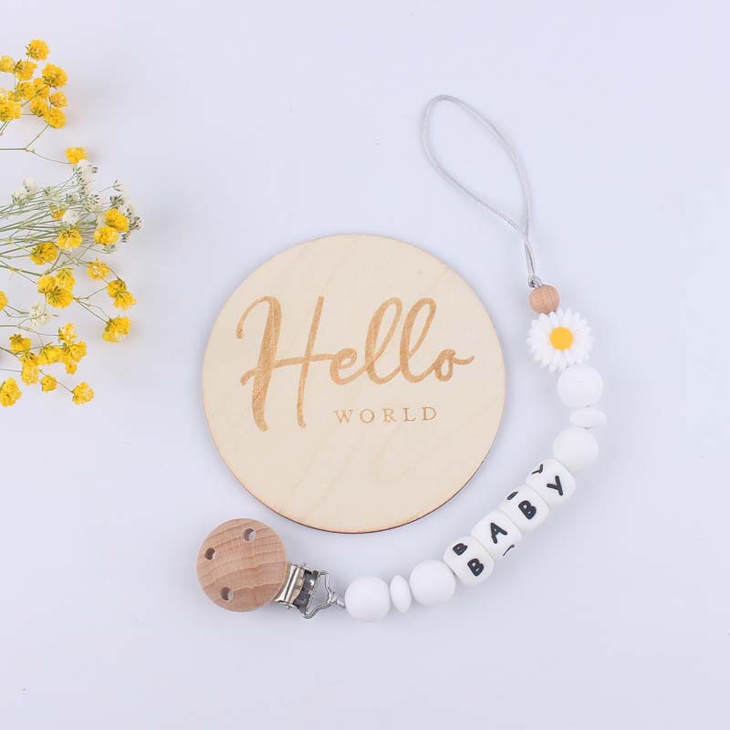 Suministros para bebés Tarjeta de hito de madera bebé creativo de dibujos animados Margarita silicona mordedor pezón cadena anti-caída