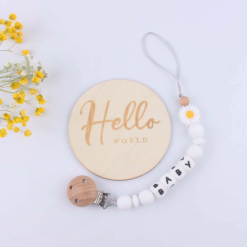 Детские товары Деревянная карта вехи Детская креативная мультяшная Маргаритка Силиконовая резинка Ниппель Анти-капельная цепь