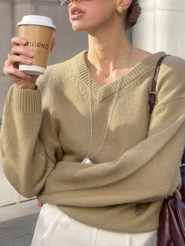 Nicho coreano estilo casual estilo sólido color V cuello roscado suéter 2025 otoño y invierno nuevo estilo transfronterizo europeo y americano