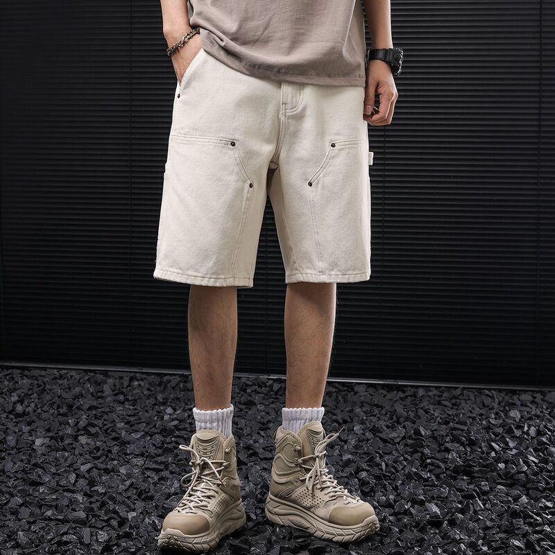 American Casual Loose Off-White Workwear Denim Shorts Men's Patchwork Versatile Straight Five-Point Pants Texture Cross-Border