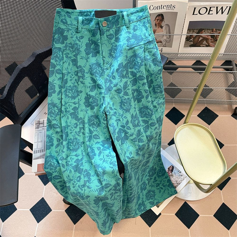 American Design Green Flower Print Loose Jeans for Women American Retro Straight Wide Leg Loose Trousers