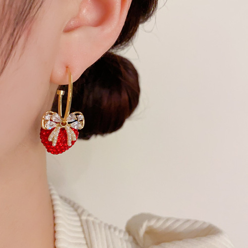 Light luxury festive red diamond love bow earrings high-end temperament fashionable earrings