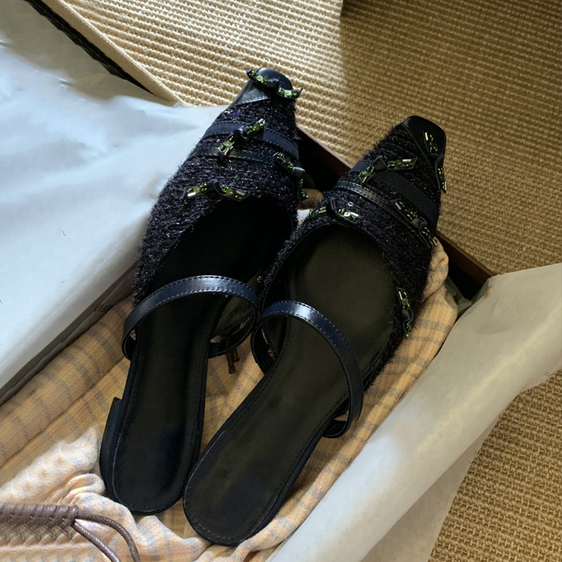 Versión de piel de oveja ~ nicho de diseño de sandalias de cuero auténticas mujeres Xia Ping talón de diamante medio trapezo para usar zapatillas de tacones bajos