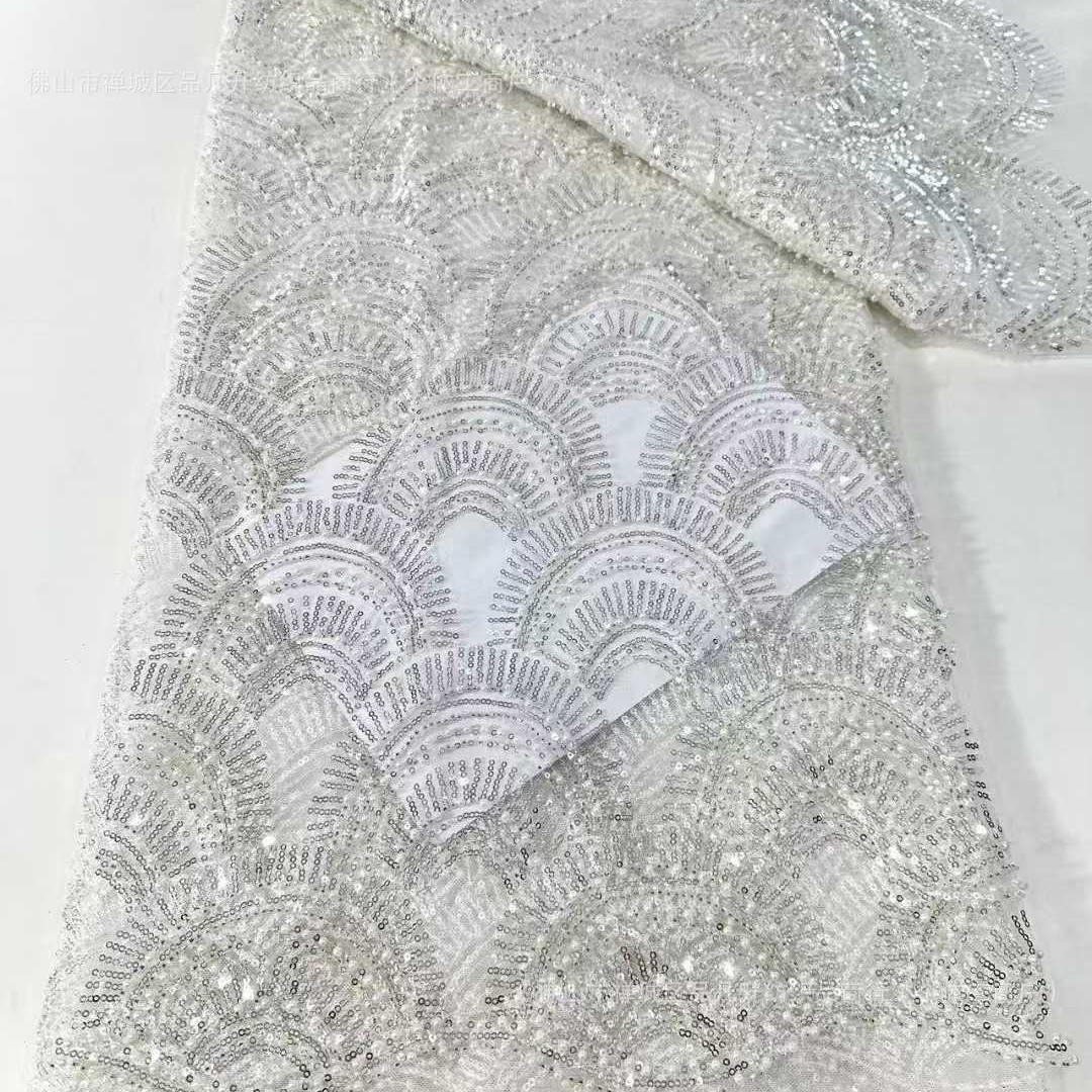 Tejido de sequillas de perlas Mejor calidad Cuentas sequillas Lace Tejido de vestido de boda de alta definición