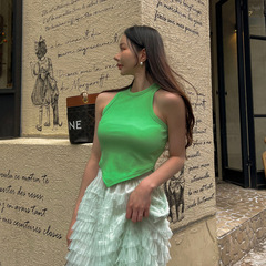 韓國東大門2024夏季新款修身時尚潮款純色圓領尖角下擺短款背心