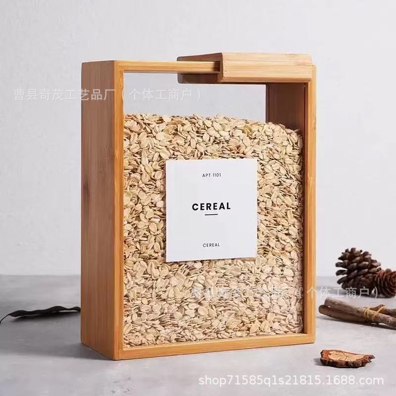 Wooden Multi-Purpose Grain Storage Box, Square Grain Storage Box, Bamboo Sliding Lid Food Storage Box Wooden Multi-Purpose Grain Storage Box, Square Grain Storage Box, Bamboo Sliding Lid Food Storage Box