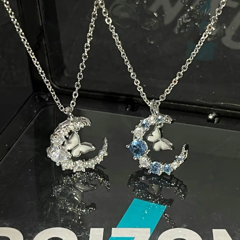 Moon Diamond Butterfly Necklace Moon Snowflake Ins Niche Temperament Light Luxury High-End Light Collarbone Girlfriend Gift