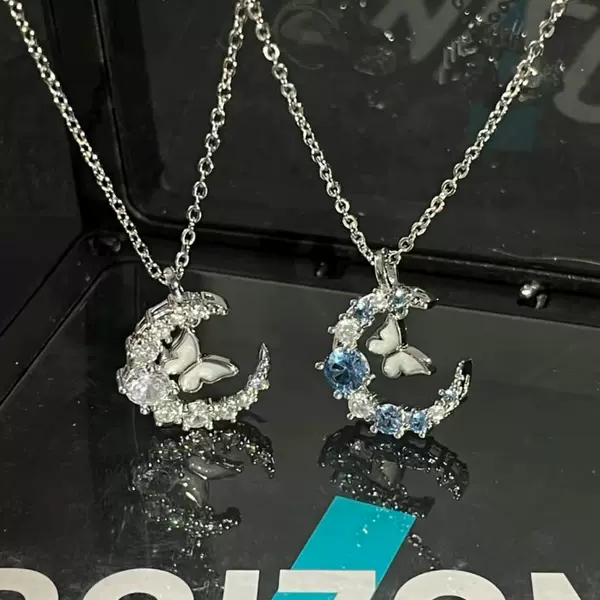 Moon Diamond Butterfly Necklace Moon Snowflake Ins Niche Temperament Light Luxury High-End Light Collarbone Girlfriend Gift