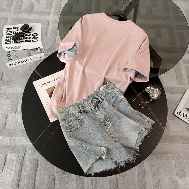 Women's Clothing Sweet Fashion Casual Suit For Women Summer New Round Neck Printed Embroidered T Shirt Loose Denim Shorts Two Piece Suit Trendy_ecoleips.com