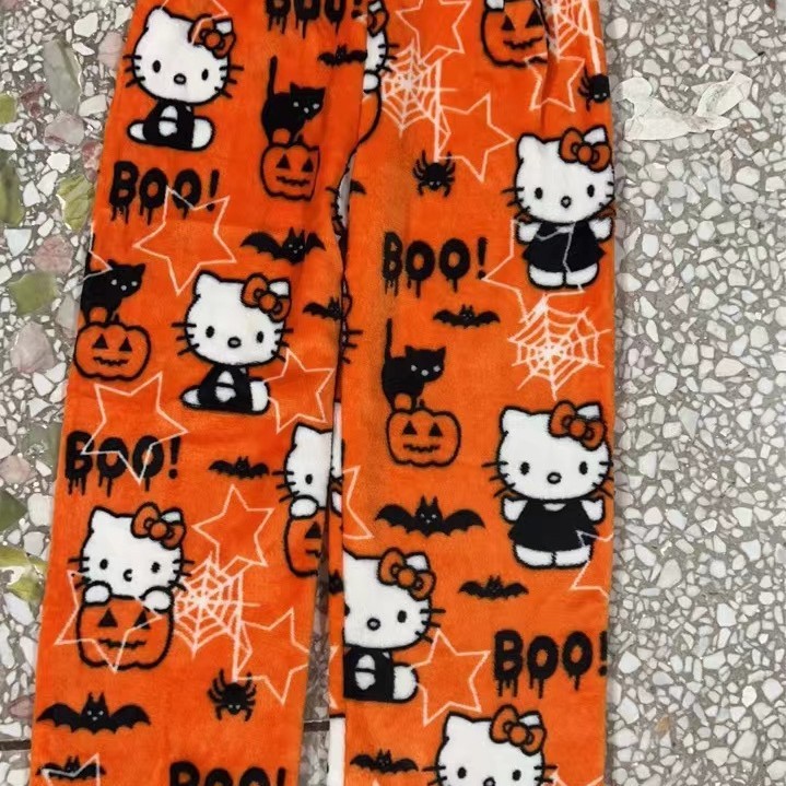 Foreign Trade Halloween Cartoon Kt Cat Flannel Pajama Pants for Women, Autumn and Winter Fleece-Lined Warm Casual Home Graffiti Pants